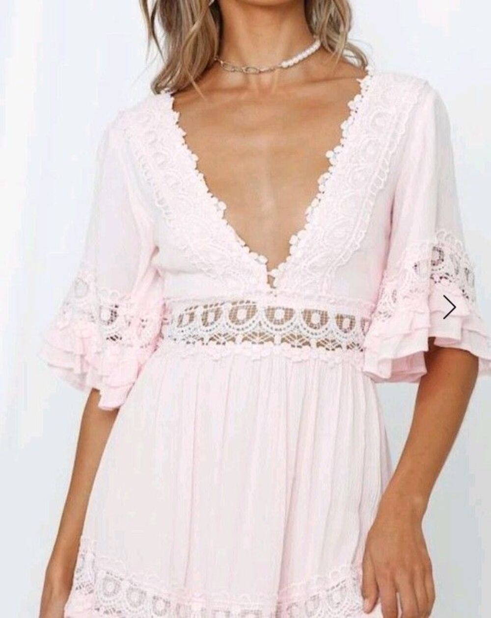Dusty Rose Deep V Lace Crochet Trim Cottagecore Boho Mini Dress XXS